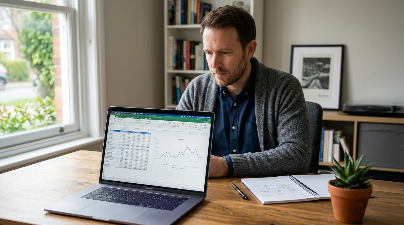 Persoon werkt aan spreadsheet met data en grafieken op een laptop in een werkkamer