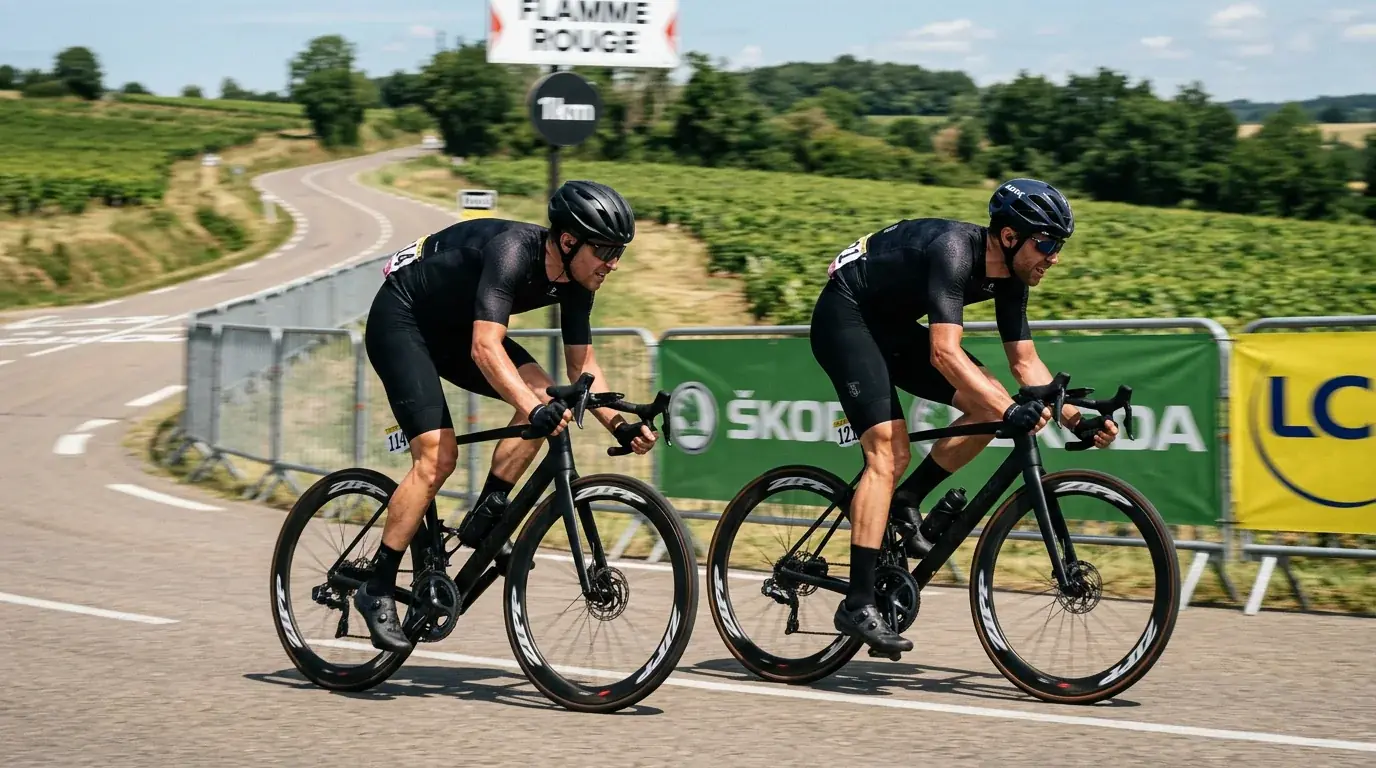 Twee wielrenners rijden zij aan zij in de finale van een Tour de France-etappe in een rechtstreeks duel