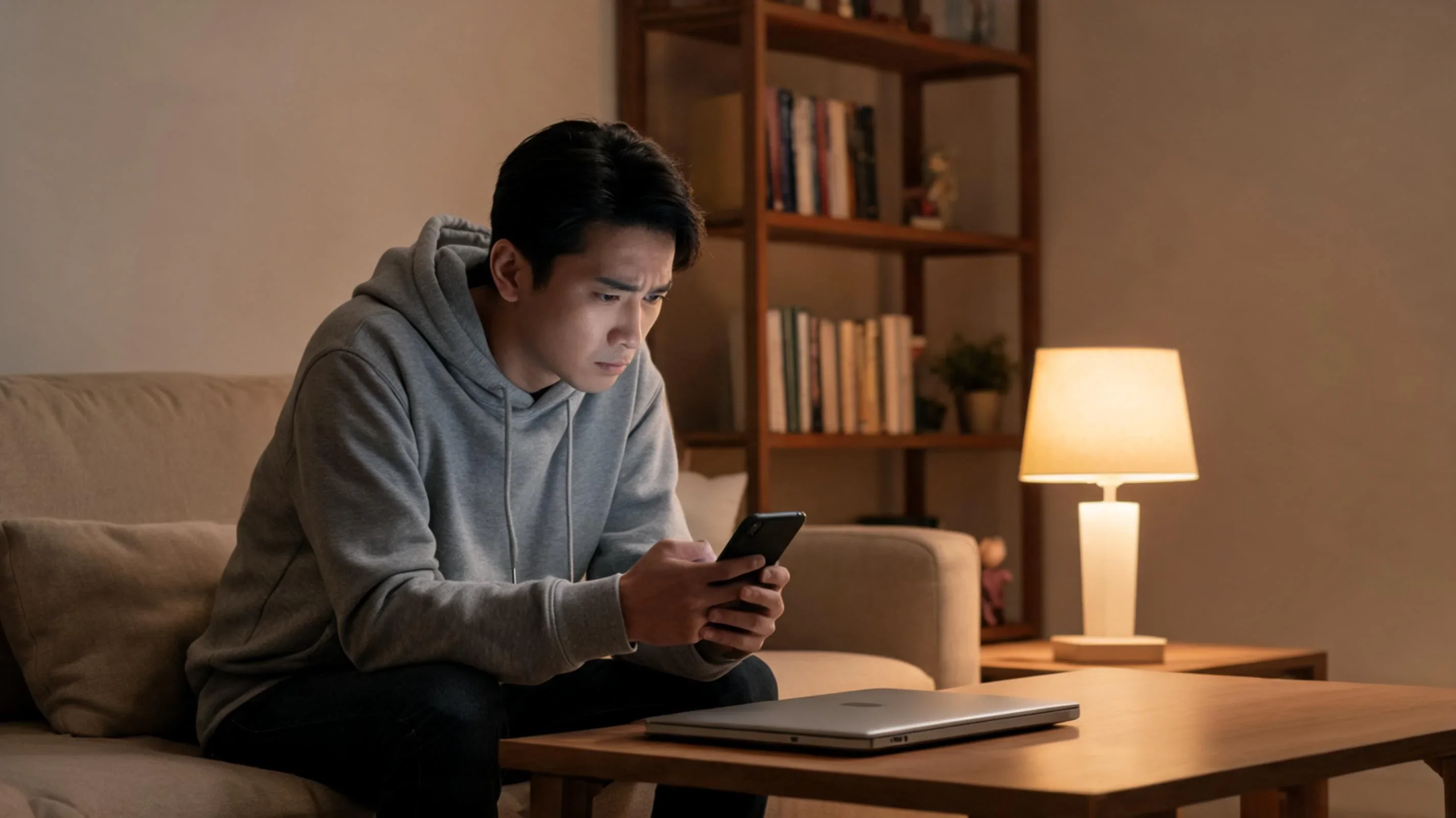Jongvolwassene zit op bank met smartphone in een woonkamer bij avondverlichting