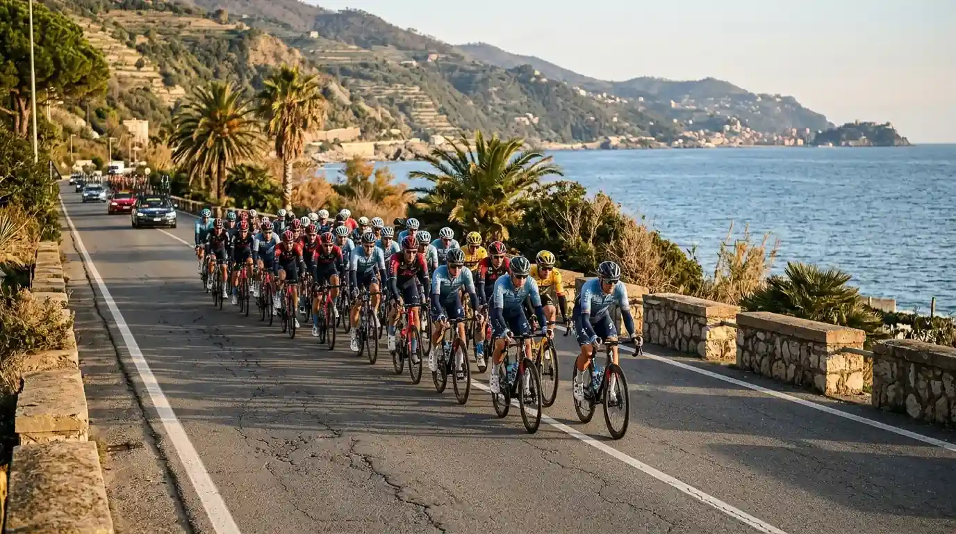 Peloton op de Italiaanse Riviera-kustweg bij avondlicht in de aanloop naar San Remo