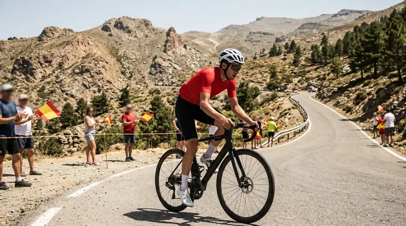 Rode trui-leider beklimt een steile Spaanse berg met gele toeschouwers langs de weg
